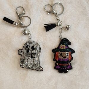 Sparkling Rhinestone Ghost and Witch Keychain Set Halloween Bag Charms